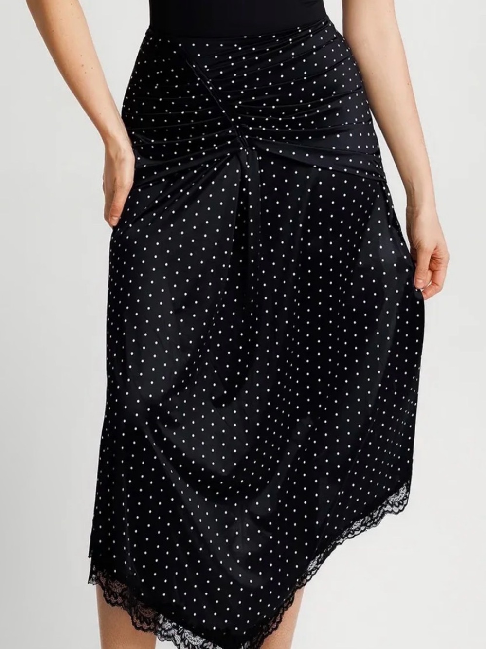 Polka Dot Ruched Midi Skirt with Lace Trim - Black/White